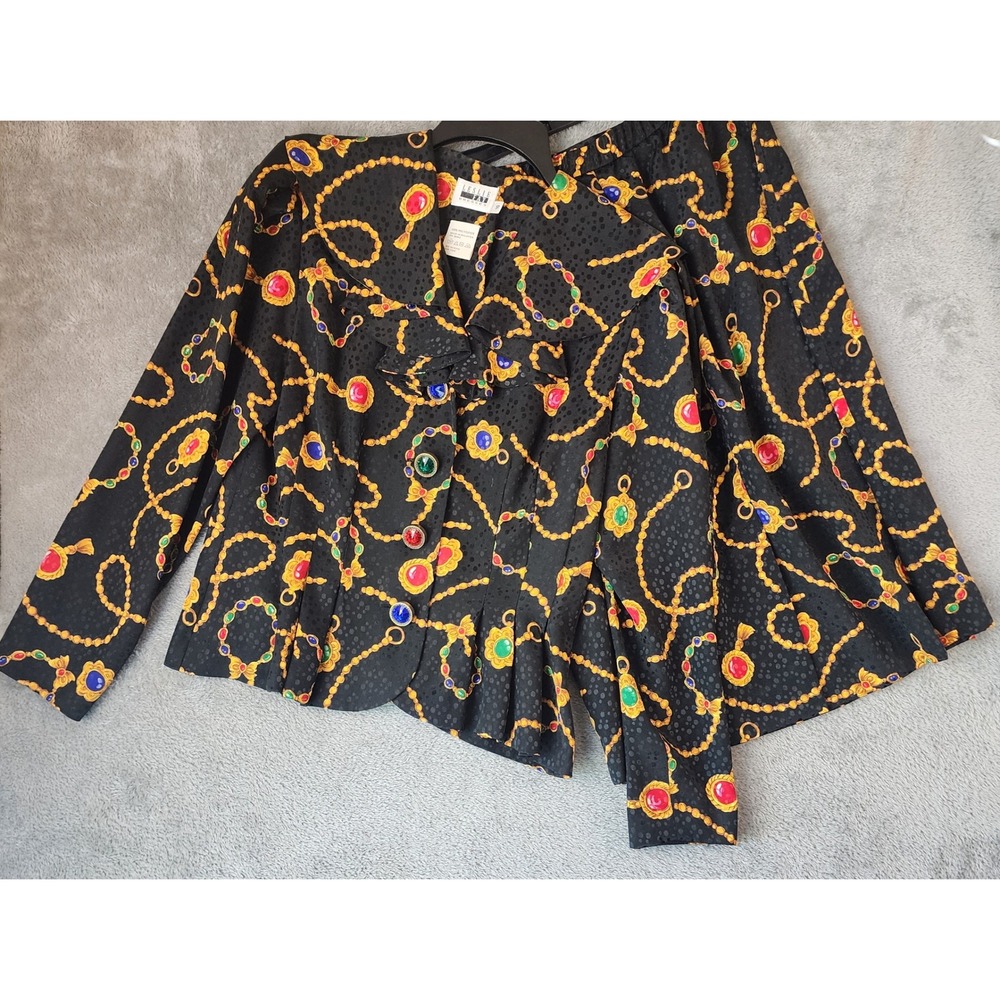 Leslie Fay Skirt Suit Set Womens Size 10 Black Gold Chain Jewel Print Vintage